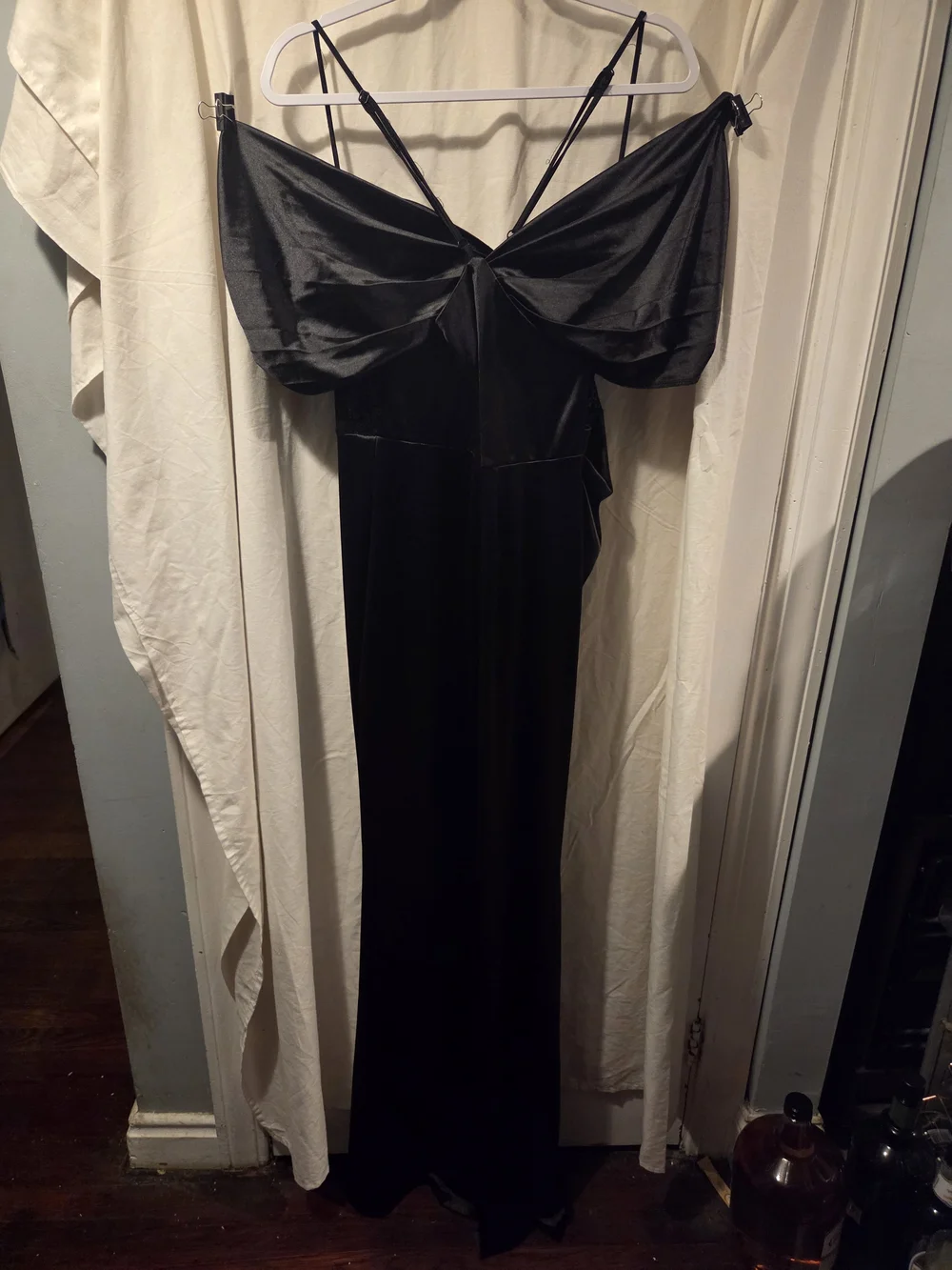SHEIN Black Satin Draped Chemise with Lace Insets